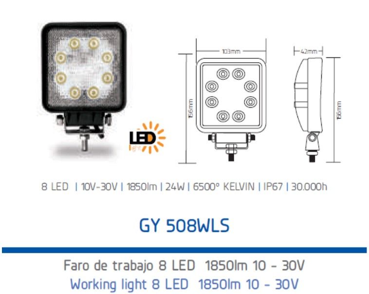 FARO DE TRABAJO GOODYEAR 8 LED 1850 LM 10-30V CUADRADO